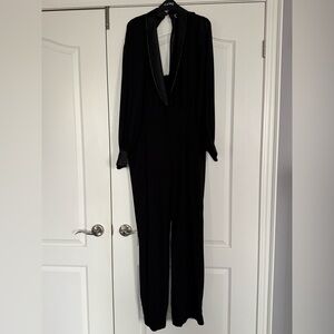Melanie Lyne Black Tuxedo Jumpsuit Size 12 Satin Trim Formal NWOT